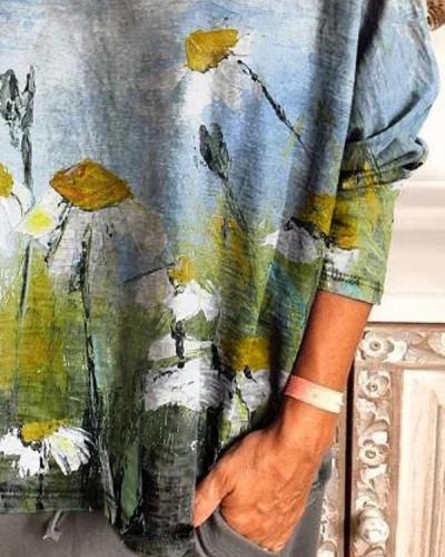 Long Sleeve Crew Neck Oil painting flowers Shirt & Top