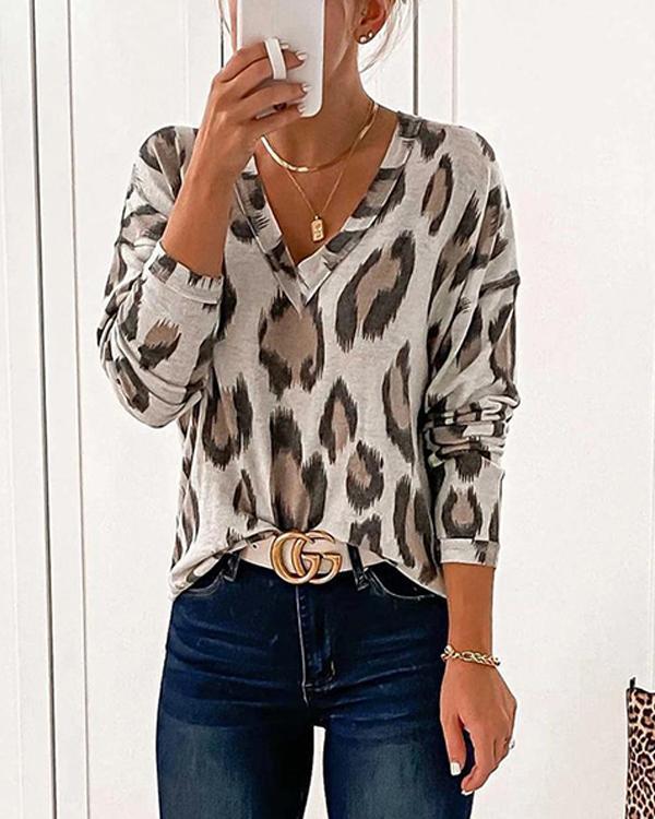 Leopard V-Neck Long Sleeves Casual Blouses