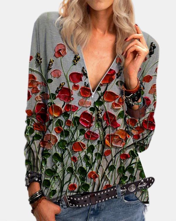 Flower Zipper Casual V-Neckline Blouses