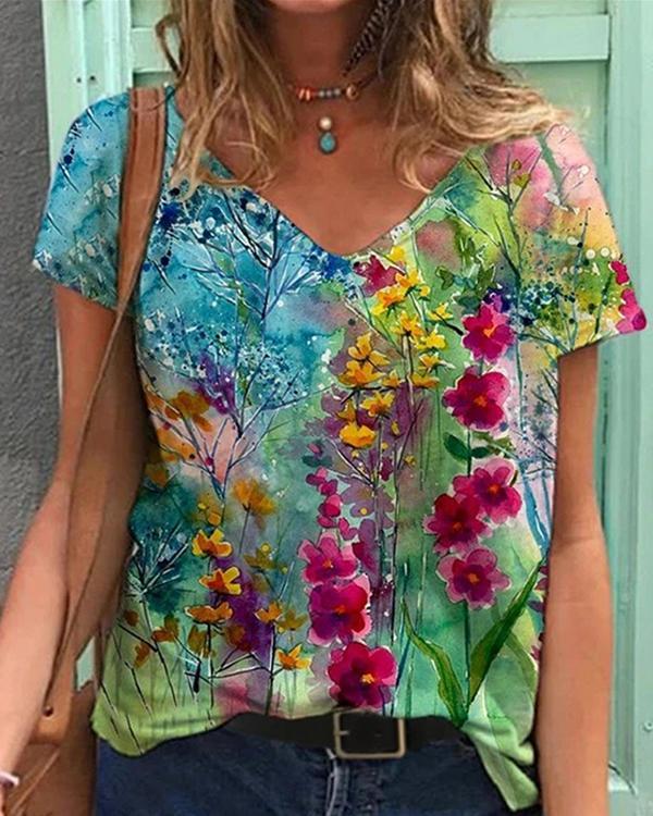 Women Casual Shift Colorful Flower Painting V Neck T-shirt