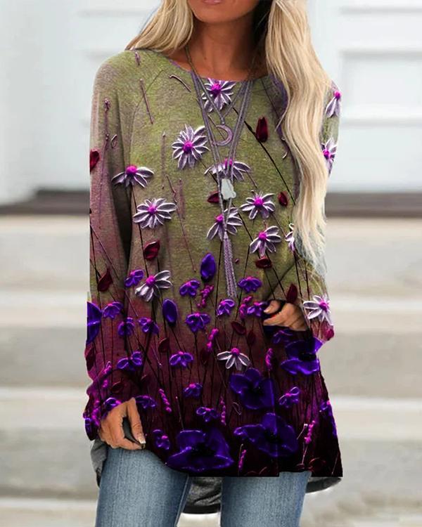 Floral Print Ombre Long Sleeve Casual Shirts&Tops