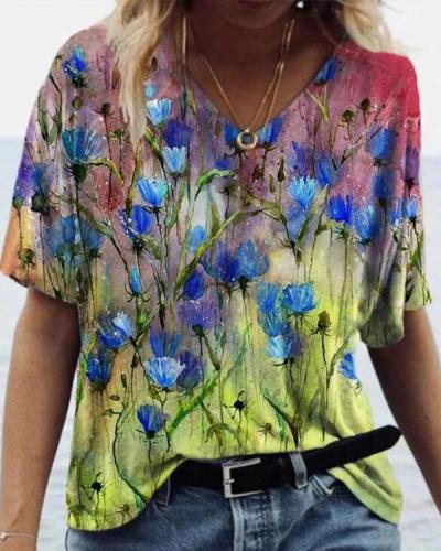 Oil Painting Print Short Sleeve V-Neck T-shirt