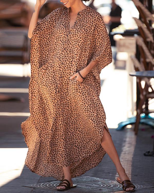 Leopard Pocketed Button Front Side Slit Sleeved Maxi Cover Up