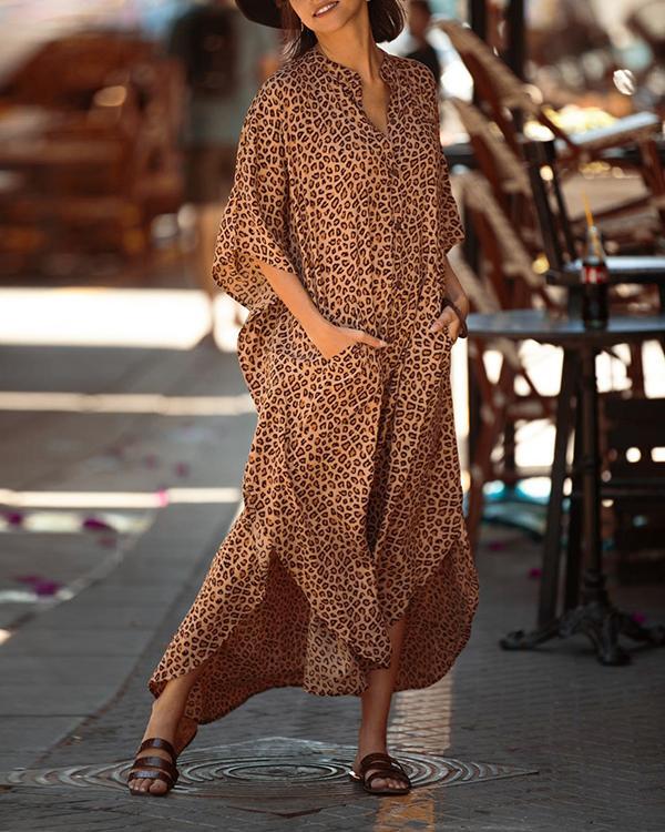 Leopard Pocketed Button Front Side Slit Sleeved Maxi Cover Up