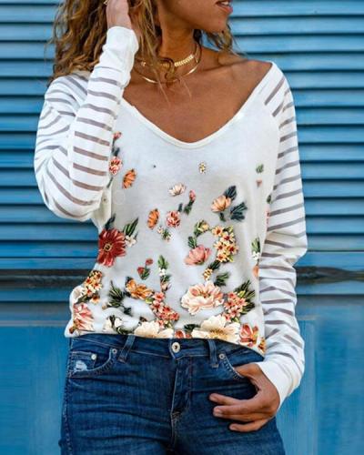 Long Sleeve Print V Neck Shirts&Tops