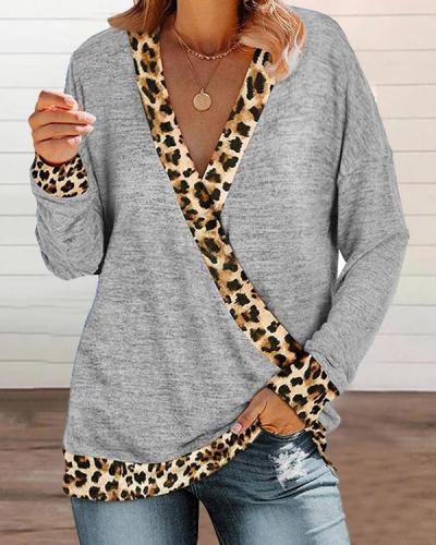 Leopard Patchwork V Neck Loose Fit Shirts&Tops