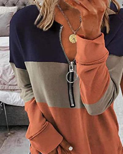 Color Block V-Neck Zipper Long Sleeves Sweatshirt Pullover