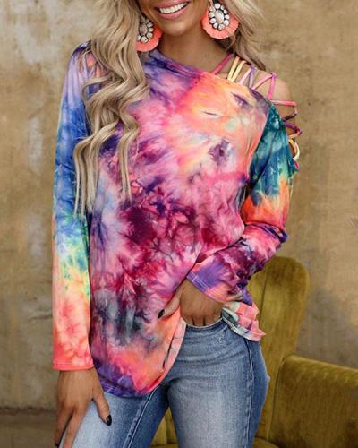 Tie Dye Criss-Cross Slash Neck Long Sleeve Blouse