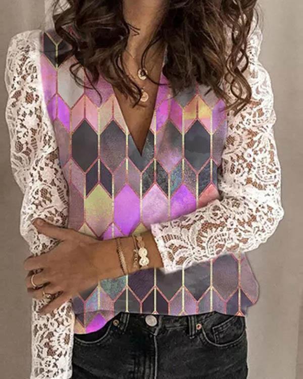 Lace Color Block V Neck Long Sleeves Elegant Blouses