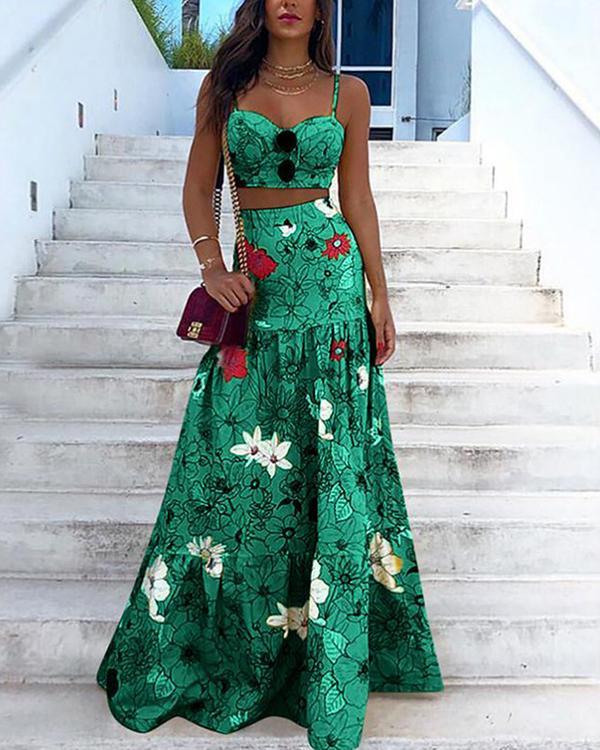 Women Floral Print Tops Skirts Two Piece Set