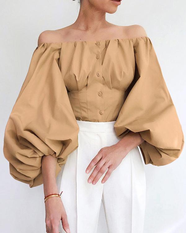 Women Cotton Lantern Sleeve Off Shoulder Button up Blouses