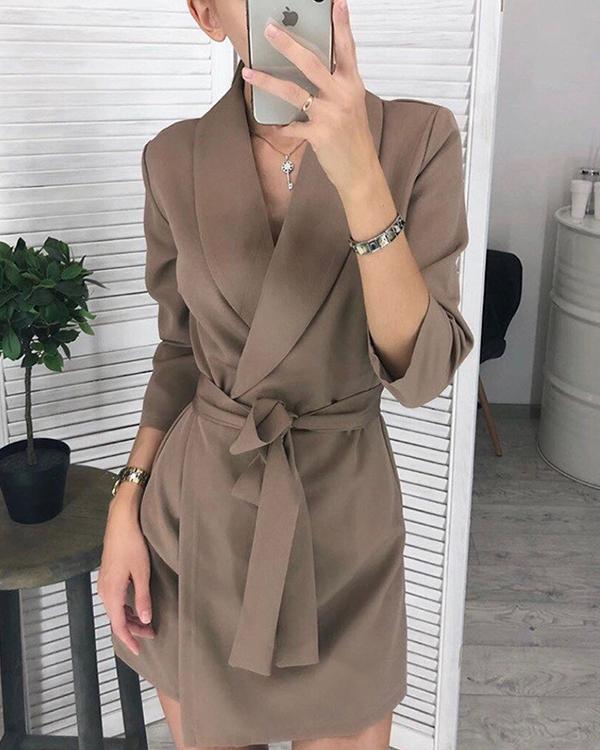 Solid/Stripe Long Sleeve Lace up Waist Blazer Dress