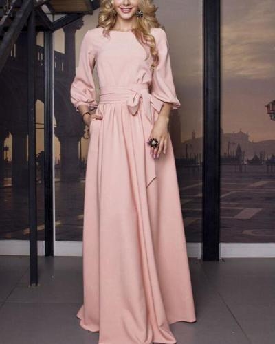 Lantern Sleeve Bow-Knot Waist Round Neck Maxi Dress