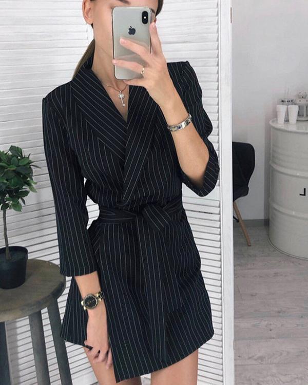 Solid/Stripe Long Sleeve Lace up Waist Blazer Dress
