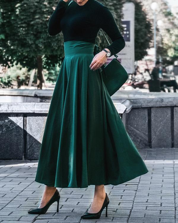 Casual High Waist Solid Color Bow Knot Flowy Skirt