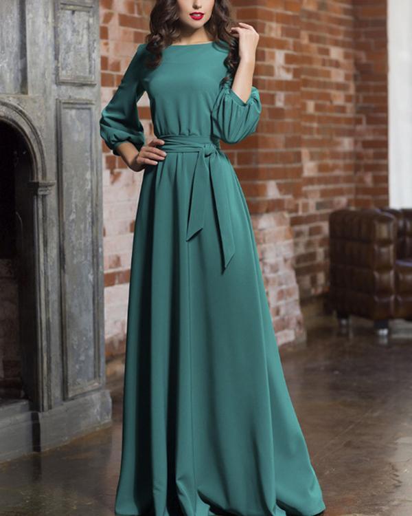 Lantern Sleeve Bow-Knot Waist Round Neck Maxi Dress