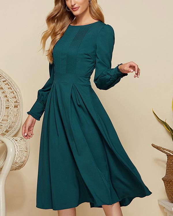 Women Vintage Solid Color Pleated Midi Dress Elegant Gowns