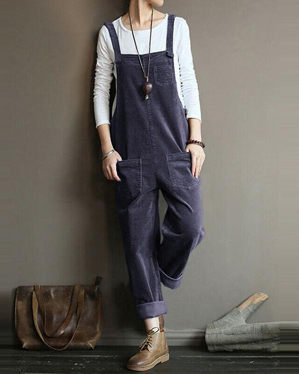 Vintage Corduroy Jumpsuits Casual Straps Overalls Loose Harem Pants Rompers