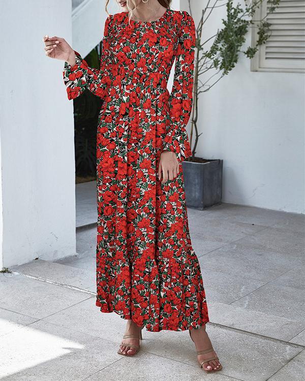 Floral/Dot Print Flare Sleeve A-Line Ruffle Hem Maxi Dress