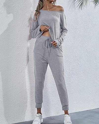 Solid Long Sleeve One Shoulder Two-Piece Fashion Suit