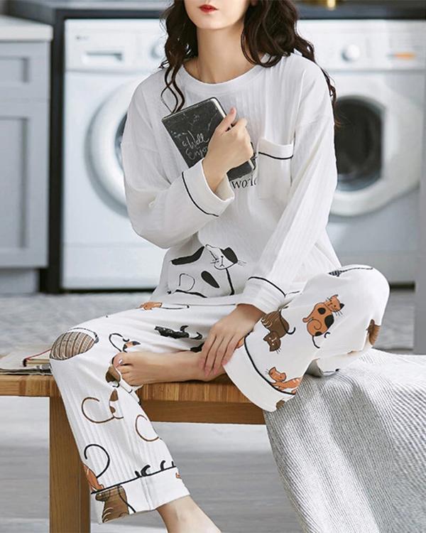 Cartoon Cat Letter Printed Round Neck Cute Long Sleepwear Sets