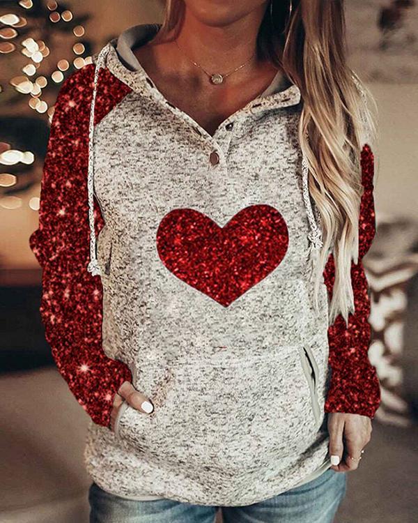 Women Print Love Heart Long Sleeves Hoodie