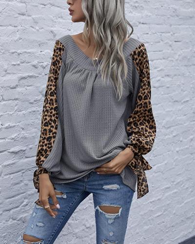 Leopard Patchwork Lantern Sleeve Bow Knot Tops