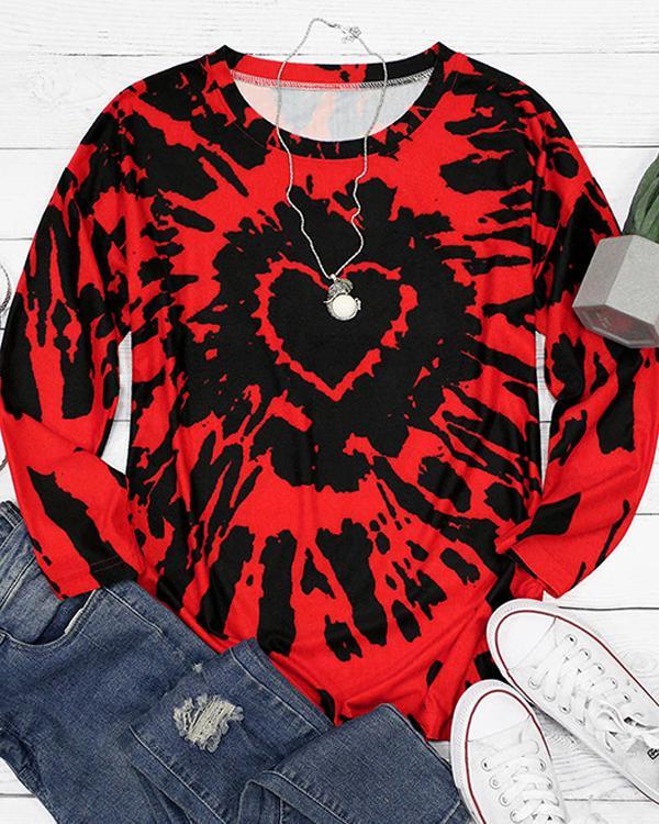 Tie Dye Heart O-Neck Long Sleeve Blouse