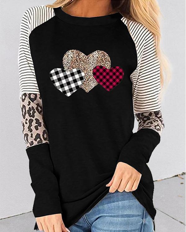 Valentine's Day Love Heart Print Long Sleeves Casual T-shirts