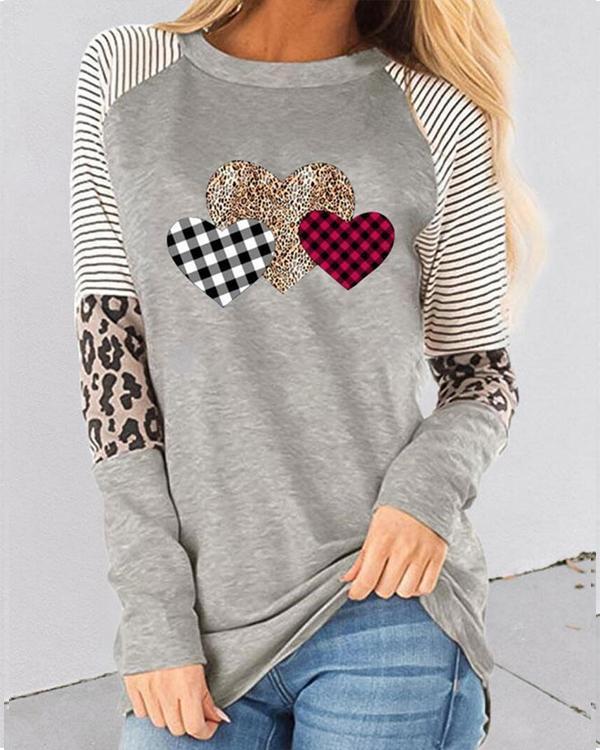 Valentine's Day Love Heart Print Long Sleeves Casual T-shirts