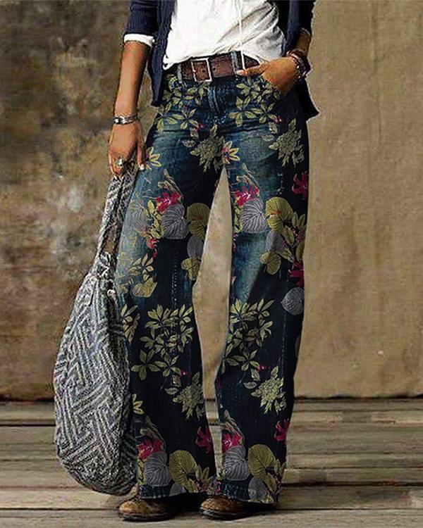 Blue Casual Vintage Floral Printed Pants