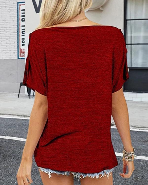 Off-Shoulder Button Short Sleeve T-Shirt