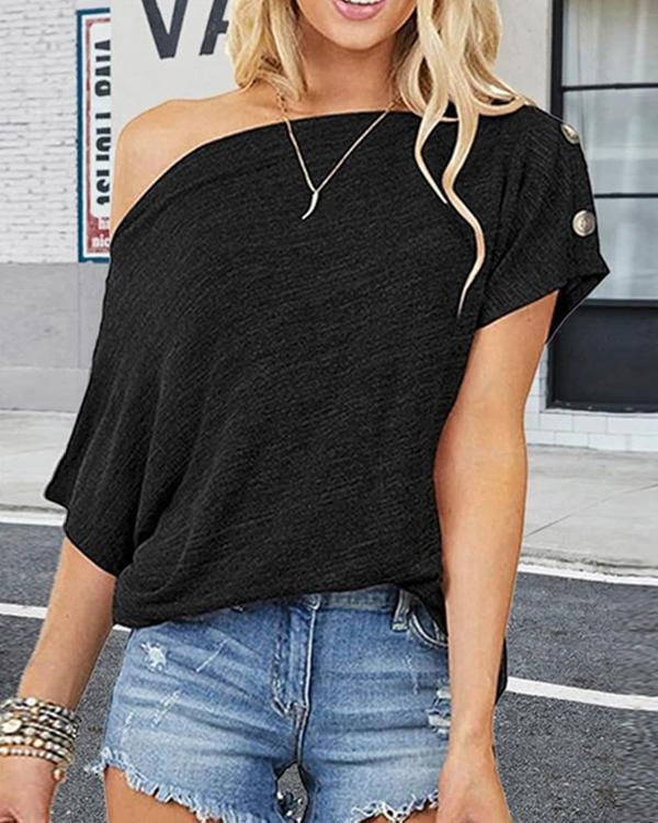 Off-Shoulder Button Short Sleeve T-Shirt