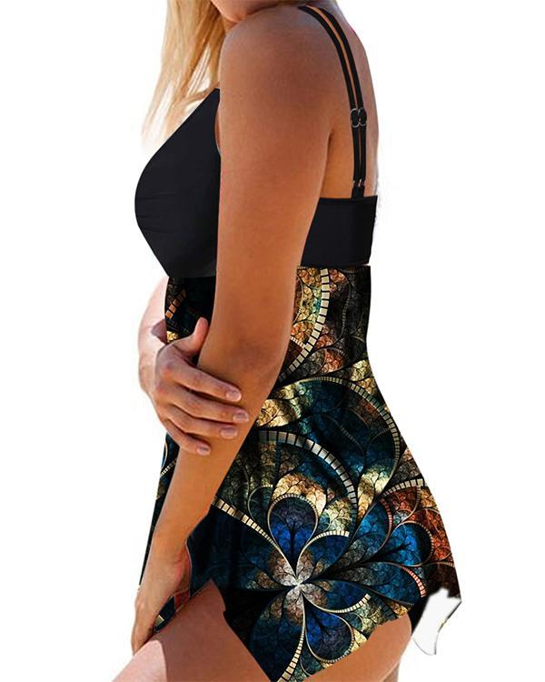 Double Strap Psychedelic Print Ring Detail Swimdress and Panty