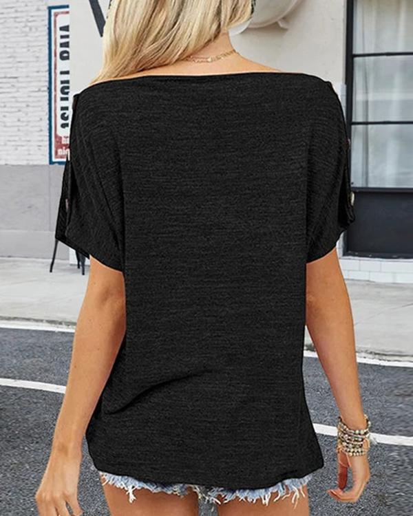 Off-Shoulder Button Short Sleeve T-Shirt