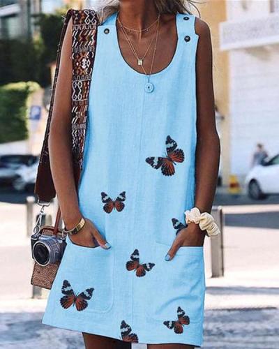 Butterfly Print Casual Pockets Tunic Shift Dress
