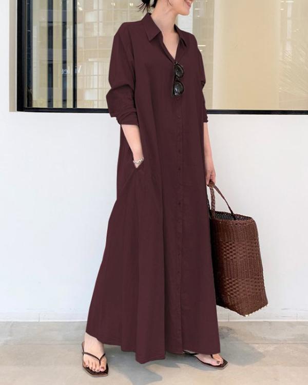 Casual Solid Cotton Linen Shirt Collar Long Sleeve Maxi Dress