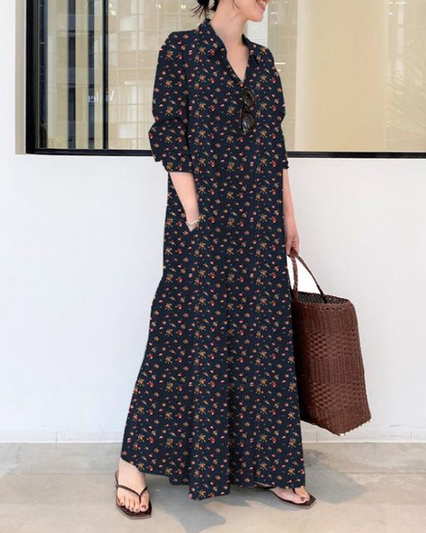 Casual Print Cotton Linen Shirt Collar Long Sleeve Maxi Dress