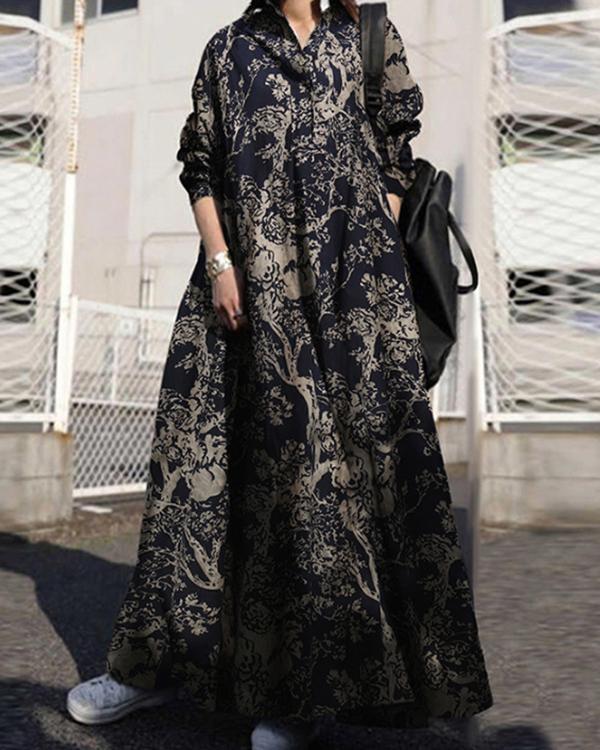 Vintage Print Shirt Collar Loose Fit Long Sleeve Dress