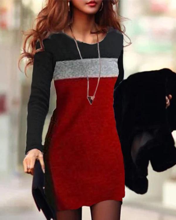 Color Block Round Neck Long Sleeve Bodycon Dress