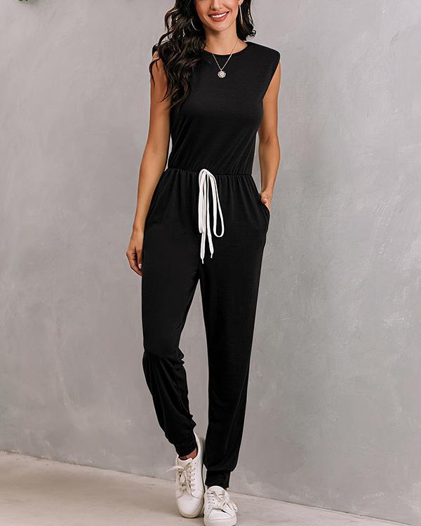 Women Casual Plain Color Sleeveless Jumpsuit