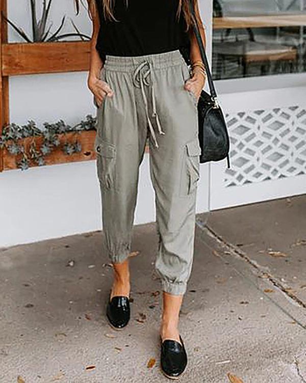 Casual Style Elastic Waistband Multi-Pocket Drawstring Pants