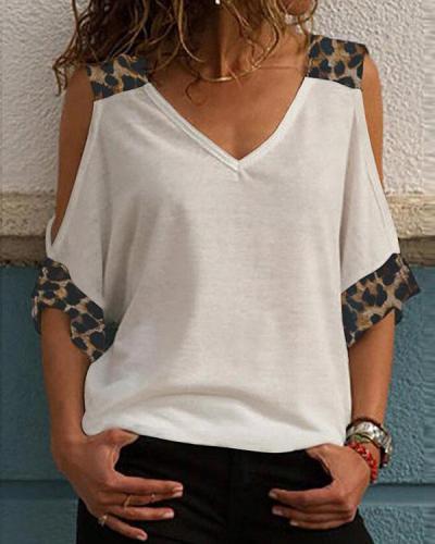 Leopard Cold Shoulder Short Sleeve V Neck Blouses