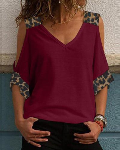 Leopard Cold Shoulder Short Sleeve V Neck Blouses