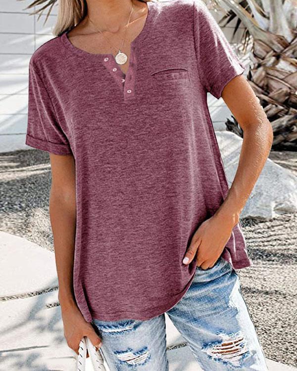 Solid Basic V Neck Button Casual Short Sleeve T-shirt