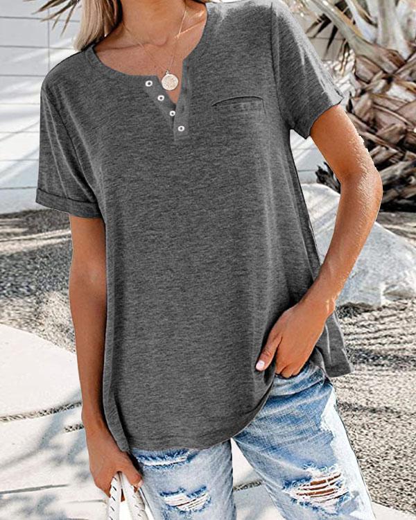 Solid Basic V Neck Button Casual Short Sleeve T-shirt