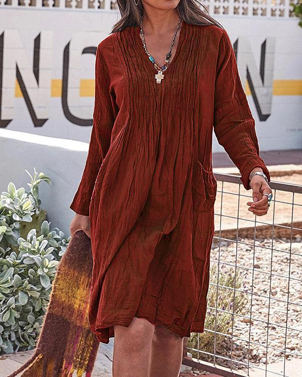 Vintage Casual V Neck Solid Linen Dresses