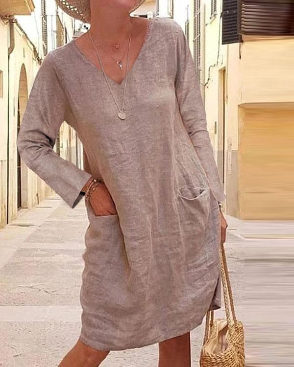 Casual Solid Tunic V-neckline Shift Dress