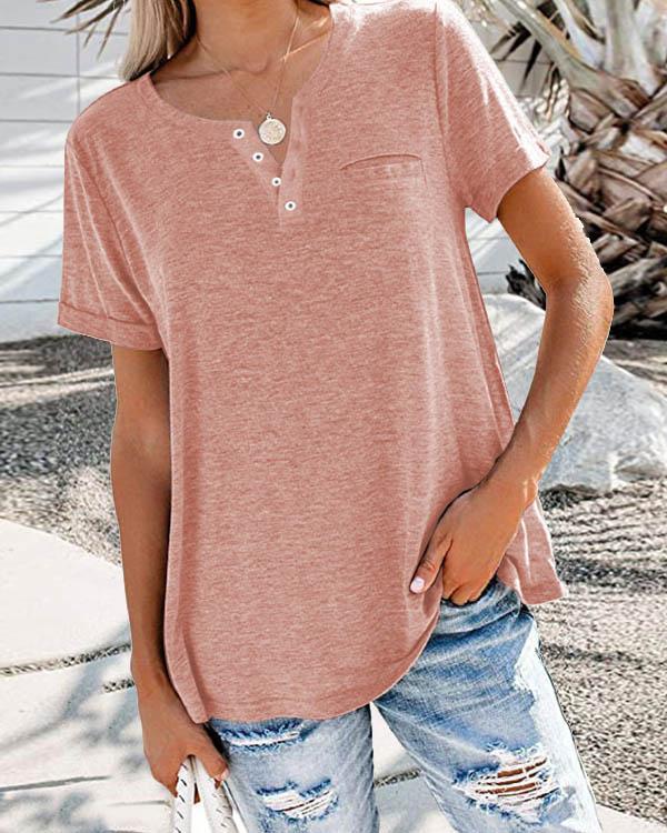 Solid Basic V Neck Button Casual Short Sleeve T-shirt