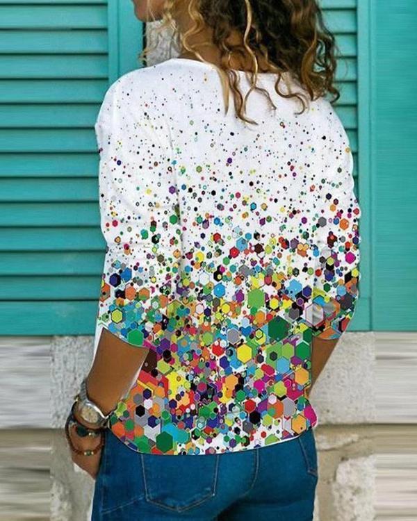 Print Long Sleeve Casual V Neck Shirts & Tops